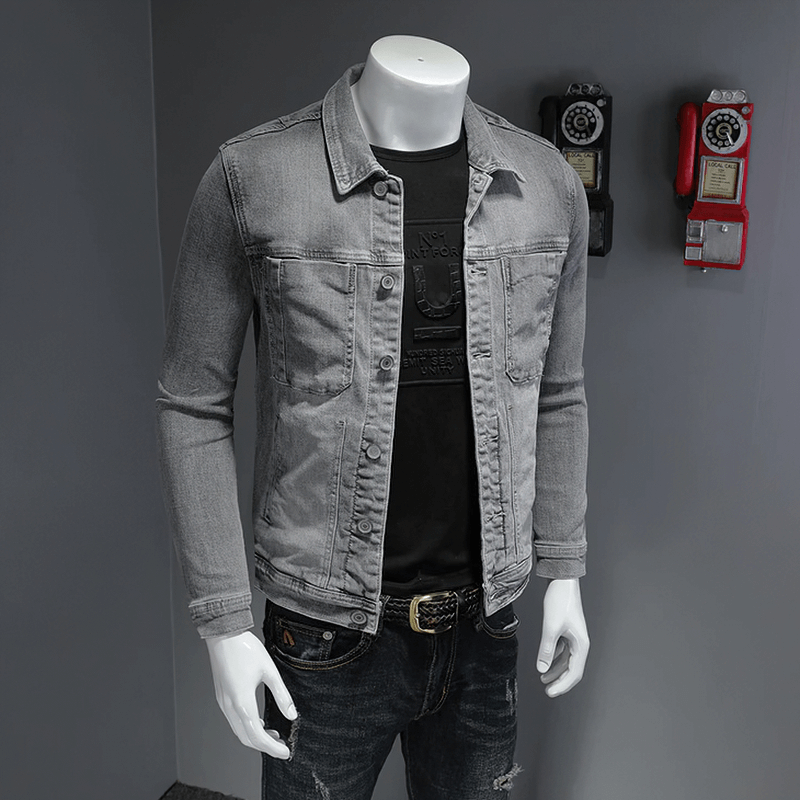 Men's slim fit gray denim jacket with turndown collar, perfect for cool casual outfits.