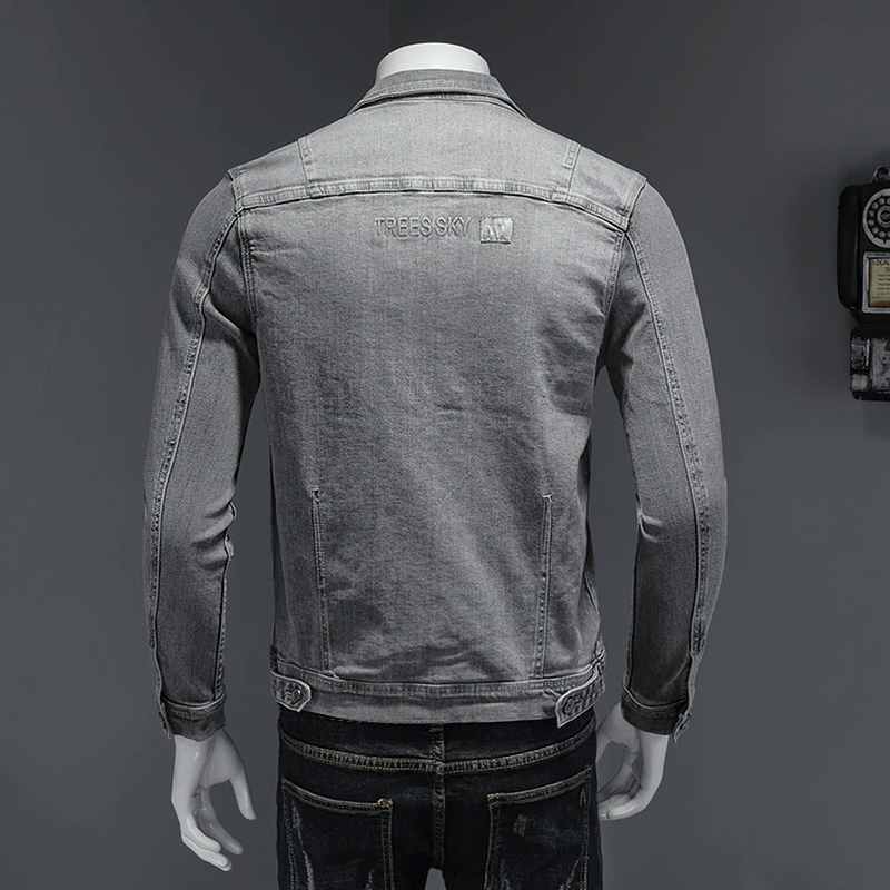 Men's gray slim fit denim jacket with turndown collar, showcasing stylish casual wear from the back.