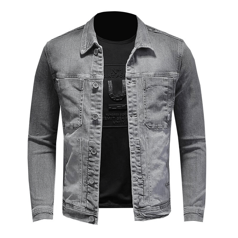 Single-breasted Denim Jacket with Turndown Collar / Men's Slim Fit Gray Jacket / Male Cool Outfits