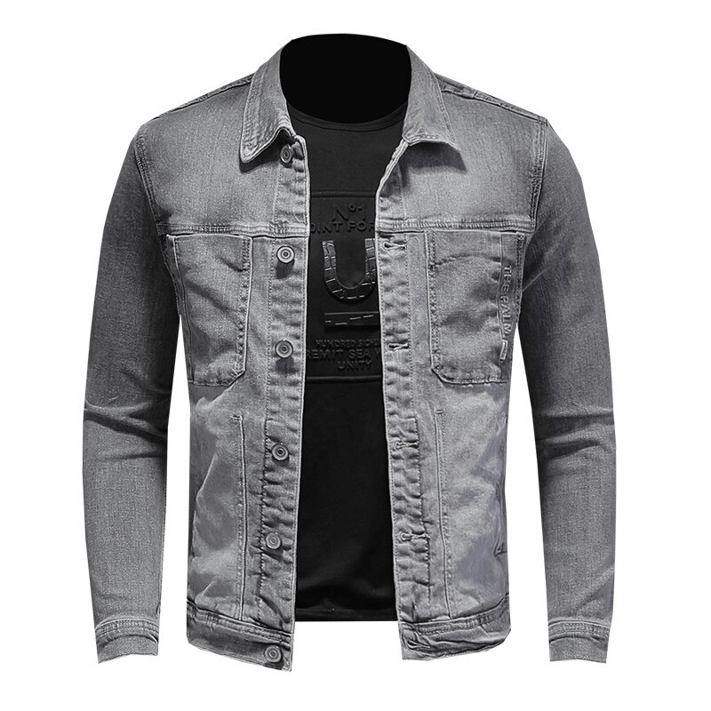 Men's gray slim fit denim jacket with turndown collar, stylish casual wear for a modern look.
