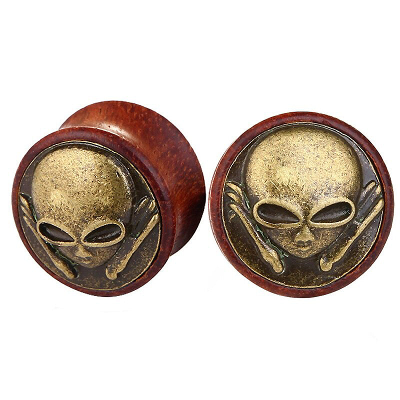 Skeleton design bamboo wood ear plugs with alien motif, trendy gauges and comfortable wear for unisex.