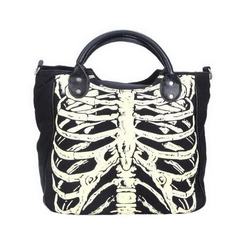 Skeleton bones print handbag for women, stylish and unique alternative fashion accessory.