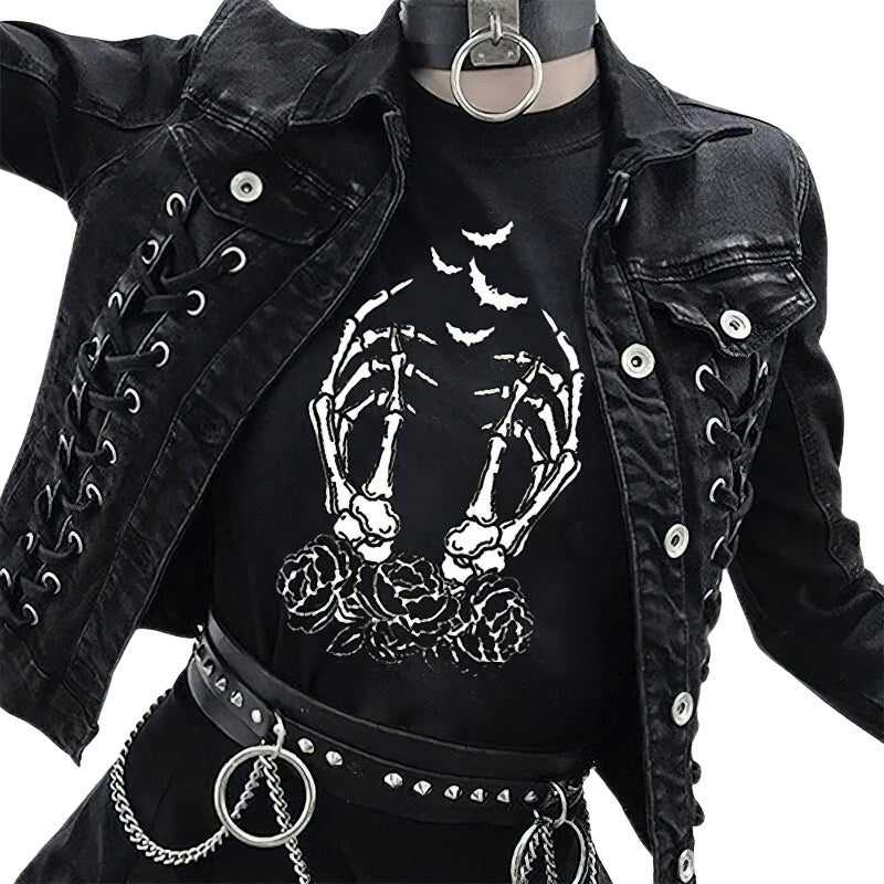 Skeleton Fingers Funny Graphic T Shirts / Female Punk Style Black Tshirt / Gothic Short Sleeve Tops - HARD'N'HEAVY