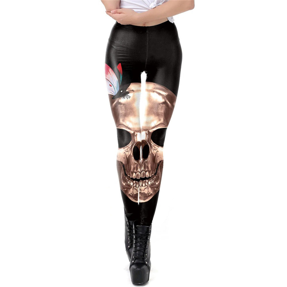 Gothic skull digital print leggings for women, high-waisted stretchy workout pants in unique style.