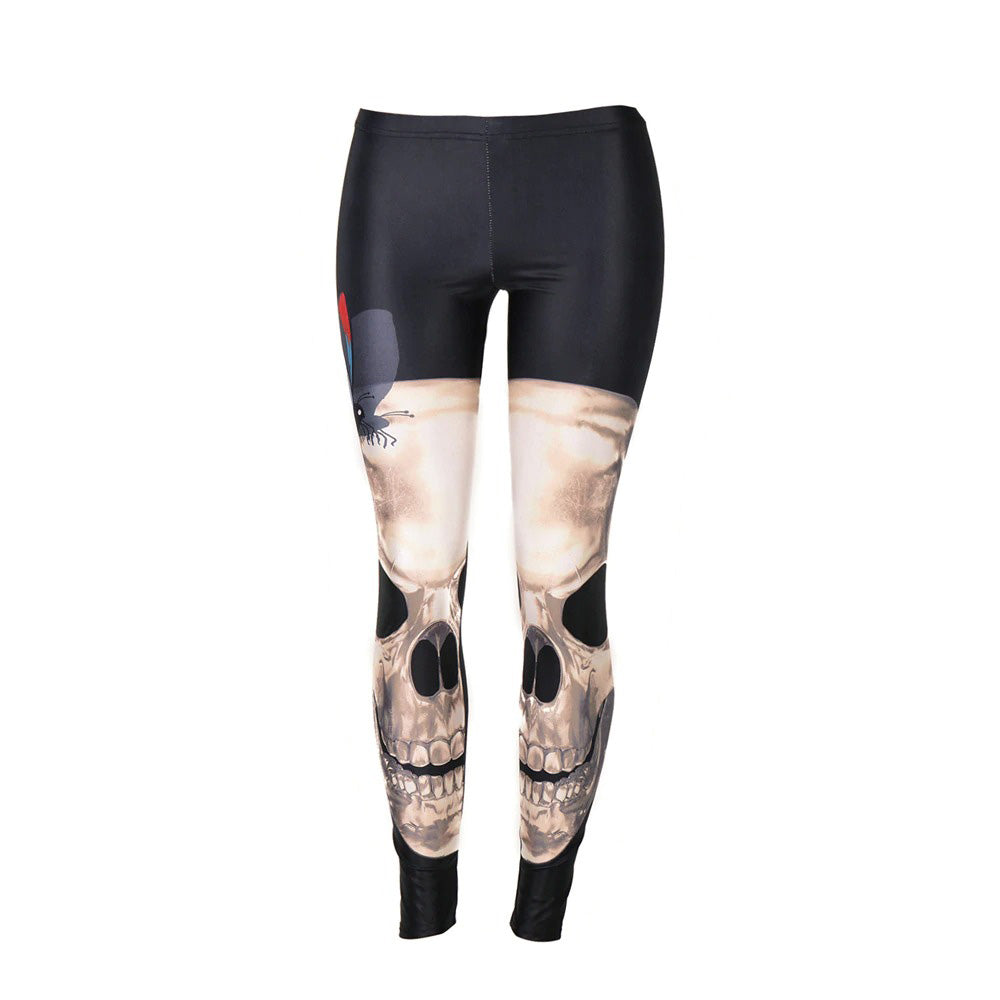 Womens high-waisted gothic leggings featuring a striking digital skull print for the perfect punk workout style.