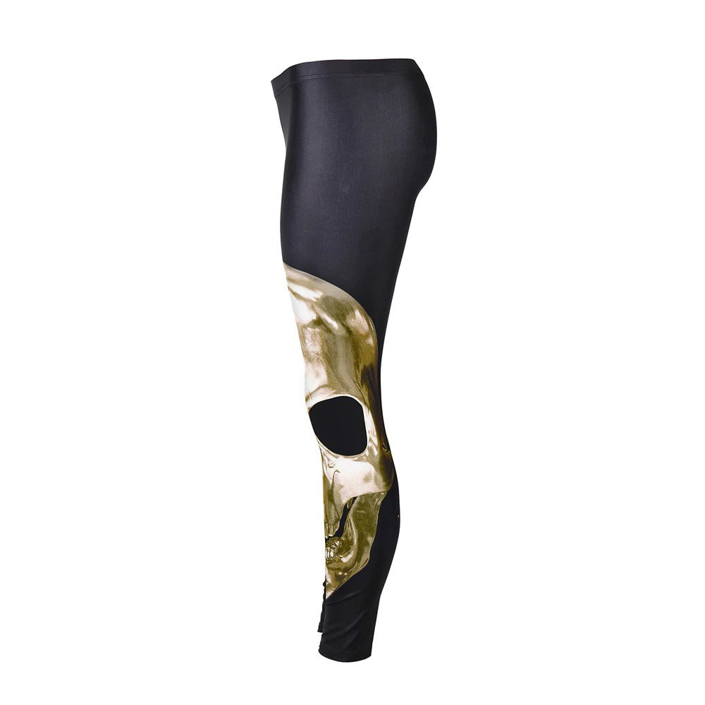 Gothic skull print leggings for women, high-waisted and ankle length, perfect for workout and punk style.