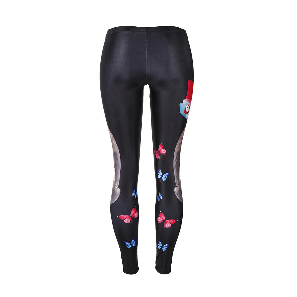 Gothic digital skull leggings for women with colorful butterflies, stretching polyester and spandex blend, perfect for workouts.