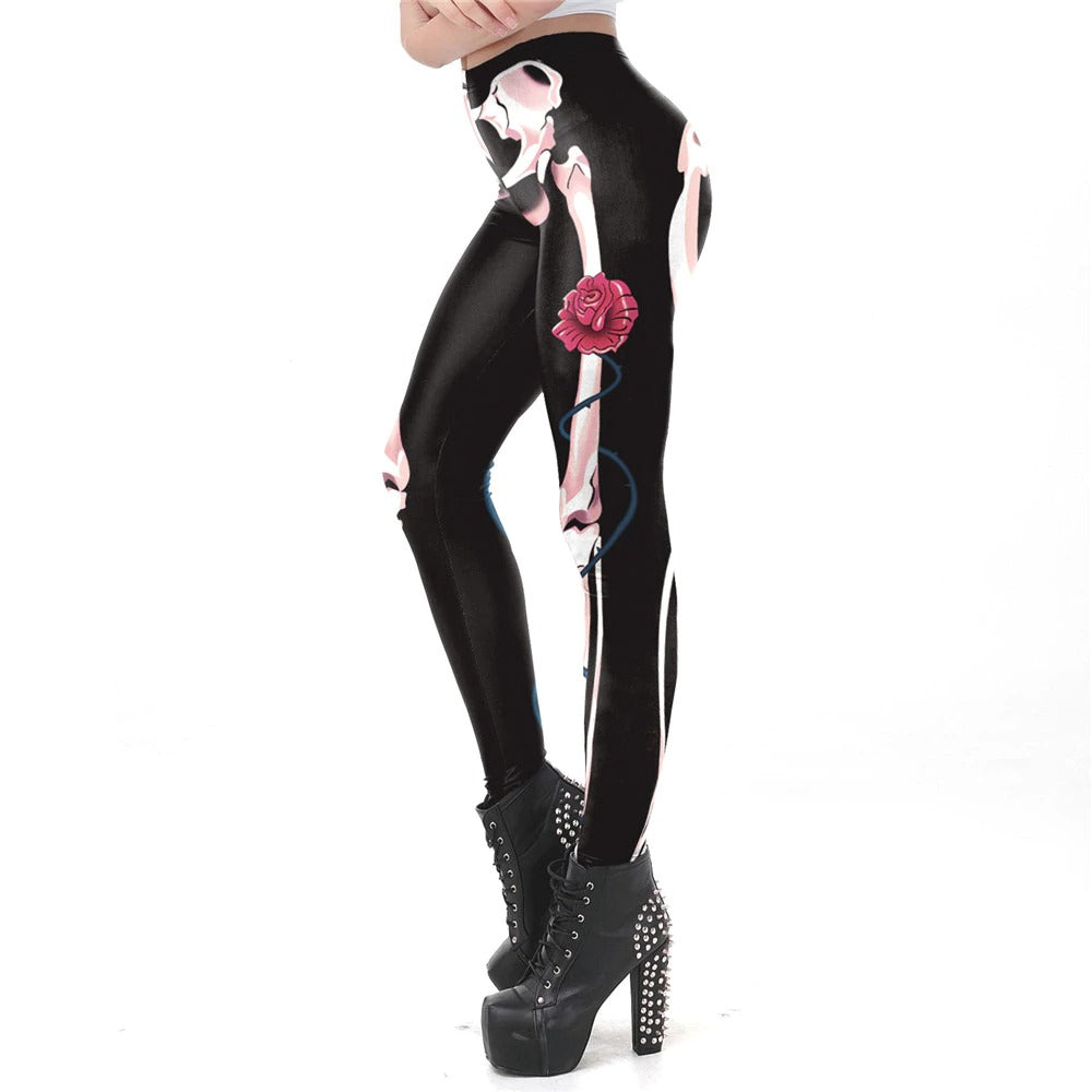 Gothic women's skeleton leggings featuring a digital skull design and a striking rose, ideal for workouts and fashion.