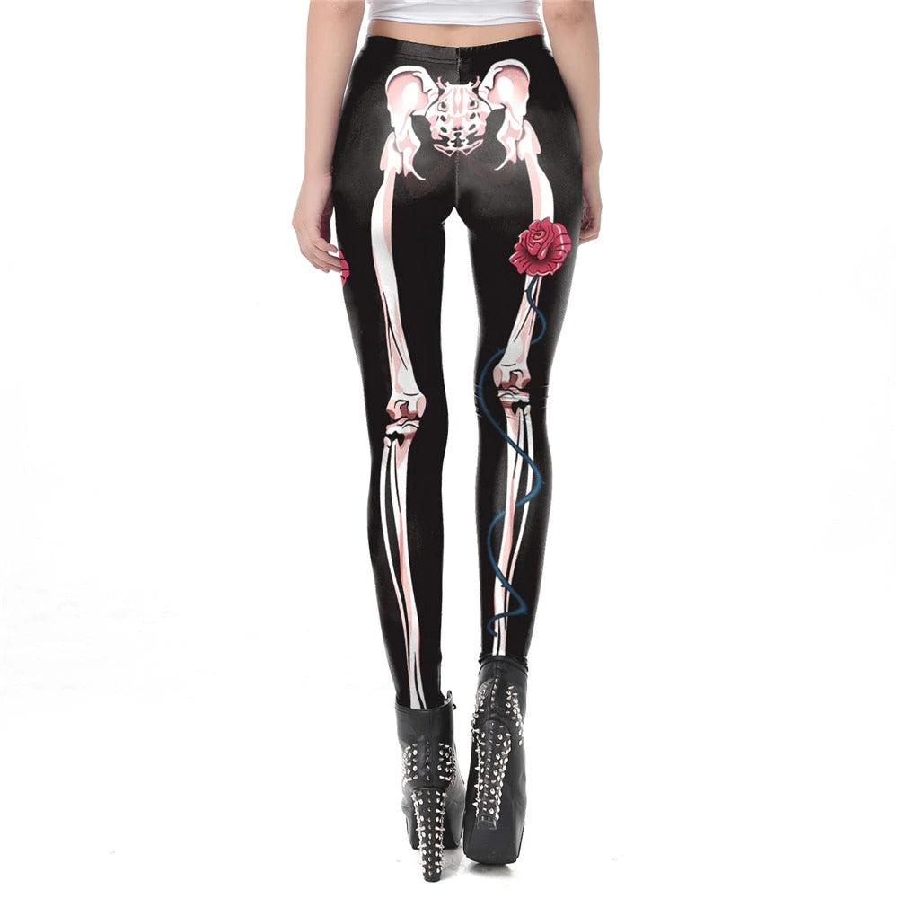 Skeleton Halloween Leggings Womens / Female Workout Leggins with Digital Print in Gothic Style #2 - HARD'N'HEAVY