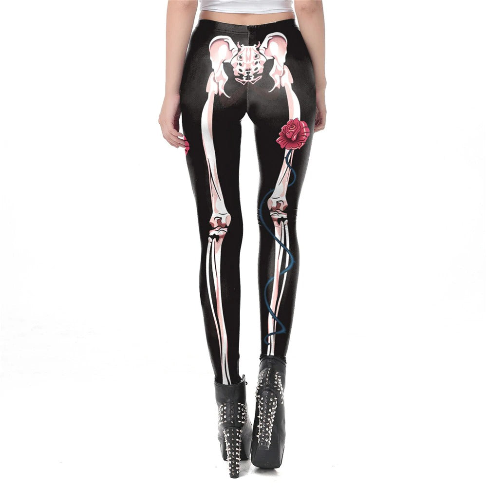 Gothic digital skull leggings for women, featuring a skeleton design and rose detail, perfect for workouts or Halloween.