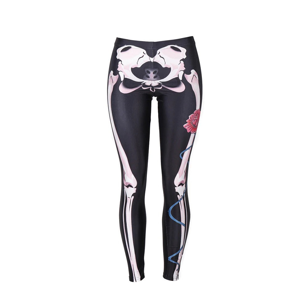 Gothic skull leggings for women, featuring digital print with roses, perfect for yoga and stylish workouts.