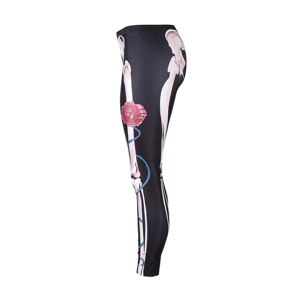 Gothic skeleton leggings for women featuring a digital skull design and a high waist, perfect for workouts and yoga.