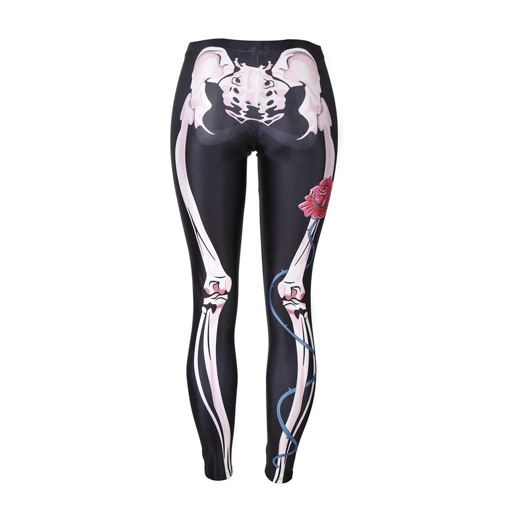 Gothic women's leggings with digital skull and rose print, perfect for workouts or Halloween fun!