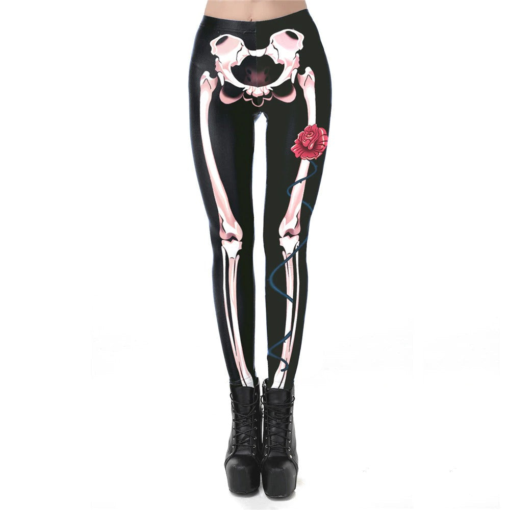 Womens Gothic Skull Leggings with Rose Print, High Waist, Ankle Length Workout Pants for Yoga and Halloween Fashion