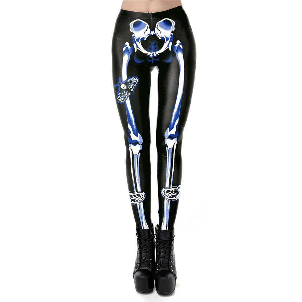 Gothic skeleton print leggings for women, ankle-length and high-waisted, perfect for workouts and Halloween style.
