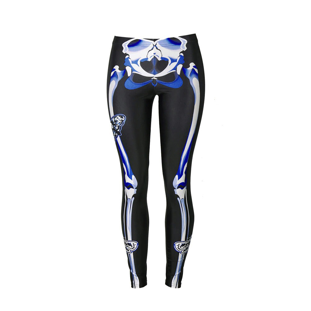 Womens skeleton print leggings in gothic style, high-waisted and comfortable for workouts or Halloween outfits.