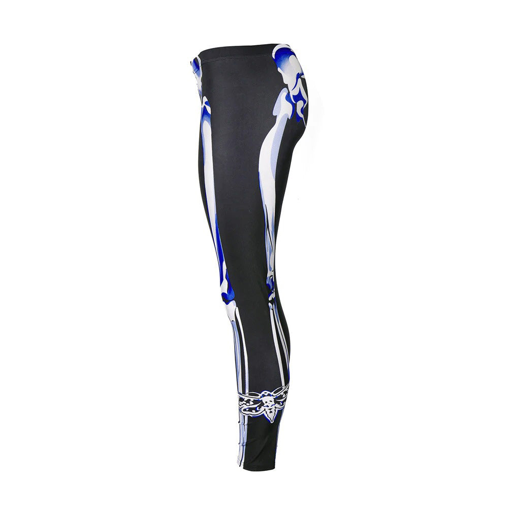 Gothic skeleton print women's leggings, ankle-length and high-waisted for comfort during workouts and sports. Stretchy spandex fabric.