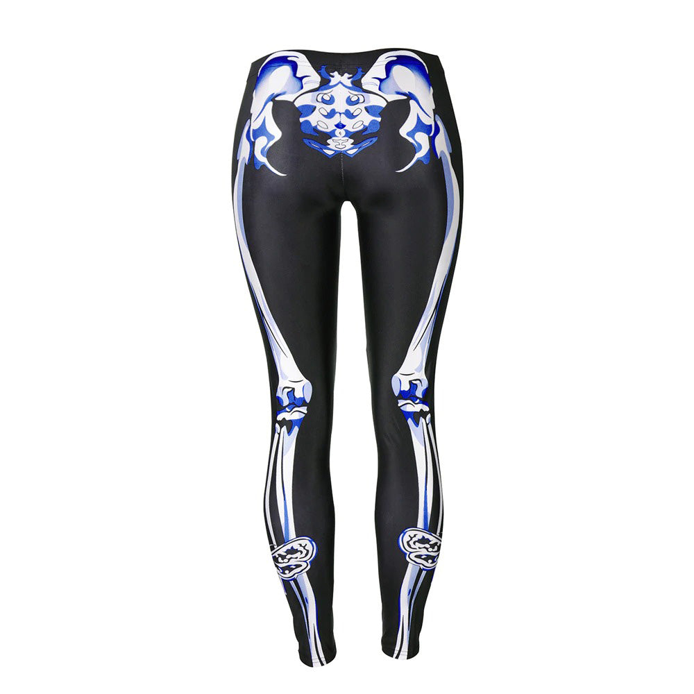 Women's high-waisted skeleton leggings with blue and white digital print, perfect for workouts and Halloween.