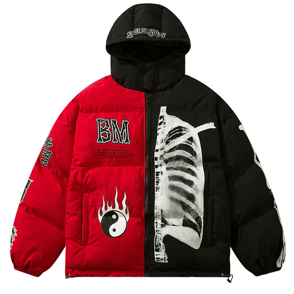 Skeleton print hooded jacket in red and black, featuring a loose punk style and vibrant graphics, perfect for a bold statement.