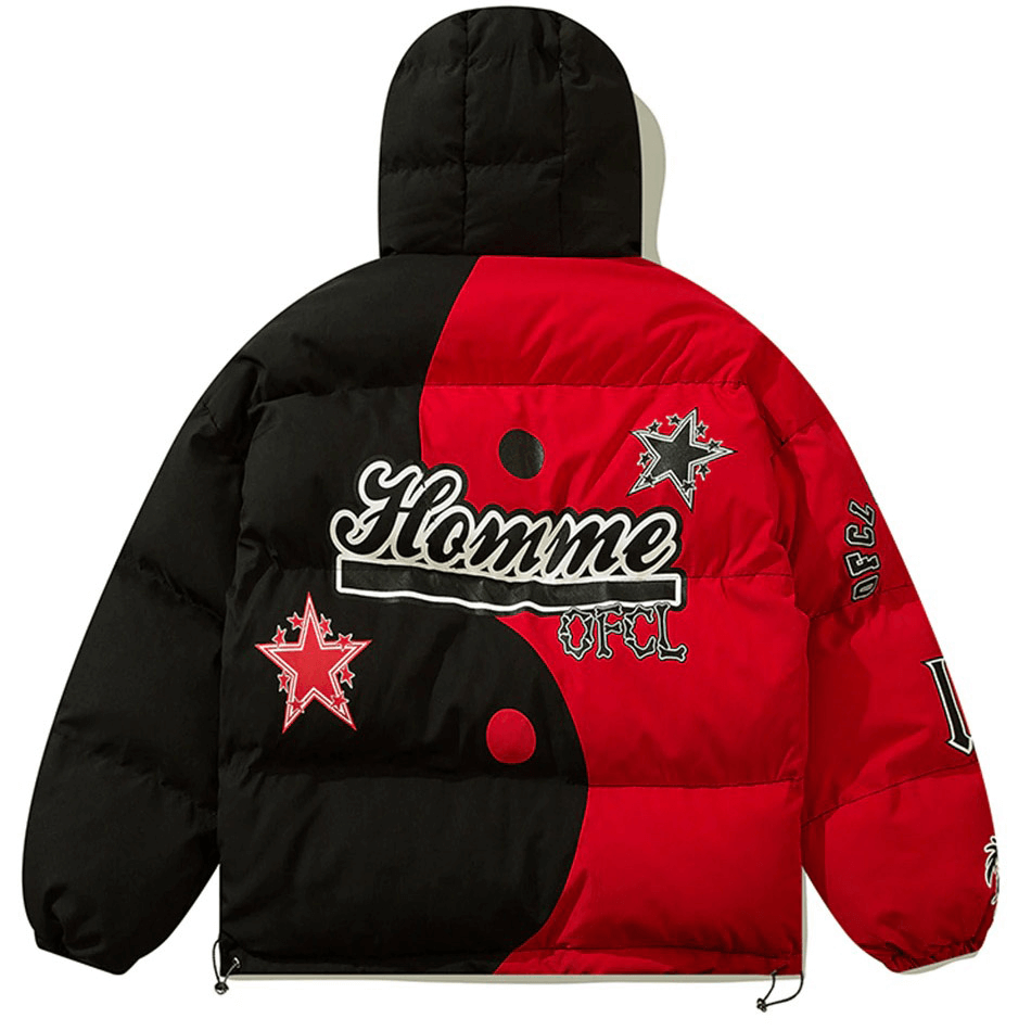Back view of a red and black hooded puffer jacket with star and yin-yang graphics, perfect for a stylish winter look.