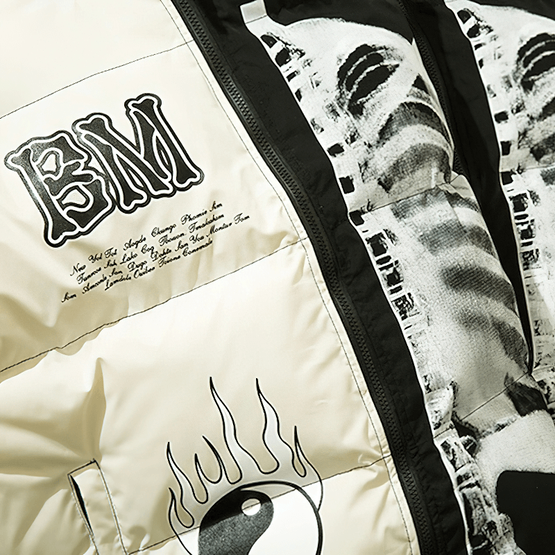 Punk hooded jacket with unique skeleton print and bold graphics, perfect for a warm and stylish look.