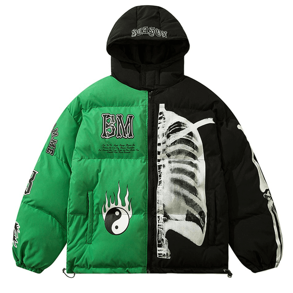 Punk hooded jacket with skeleton print, green and black, featuring unique graphics and a loose fit for cozy style.