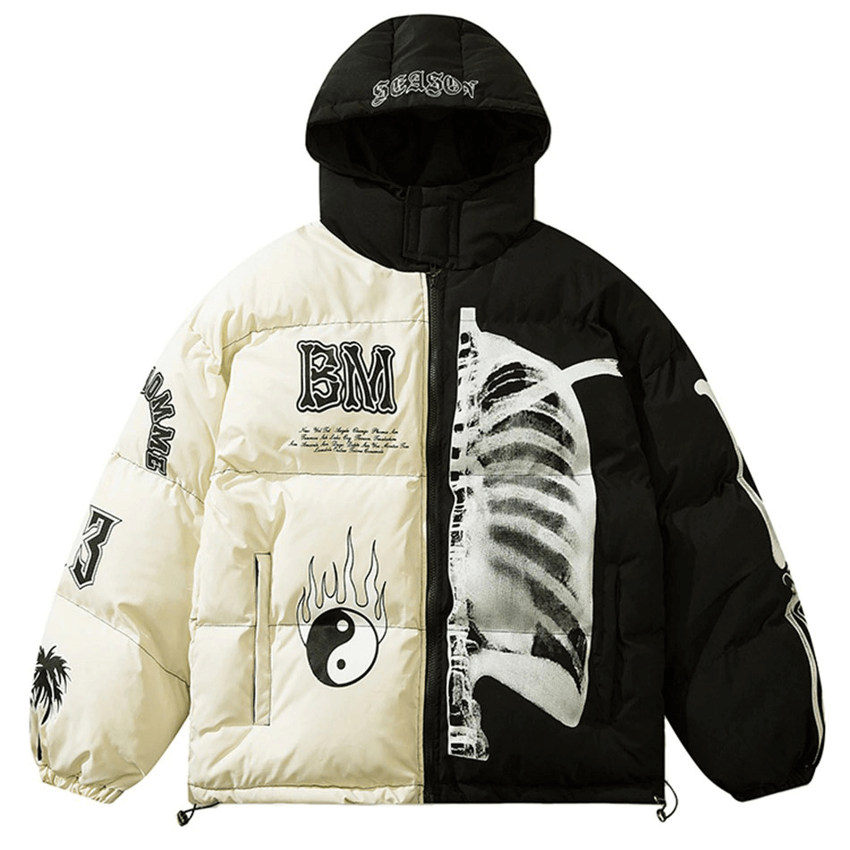Stylish oversized hooded jacket featuring skeleton print, punk details, and warm fabric for a trendy look.
