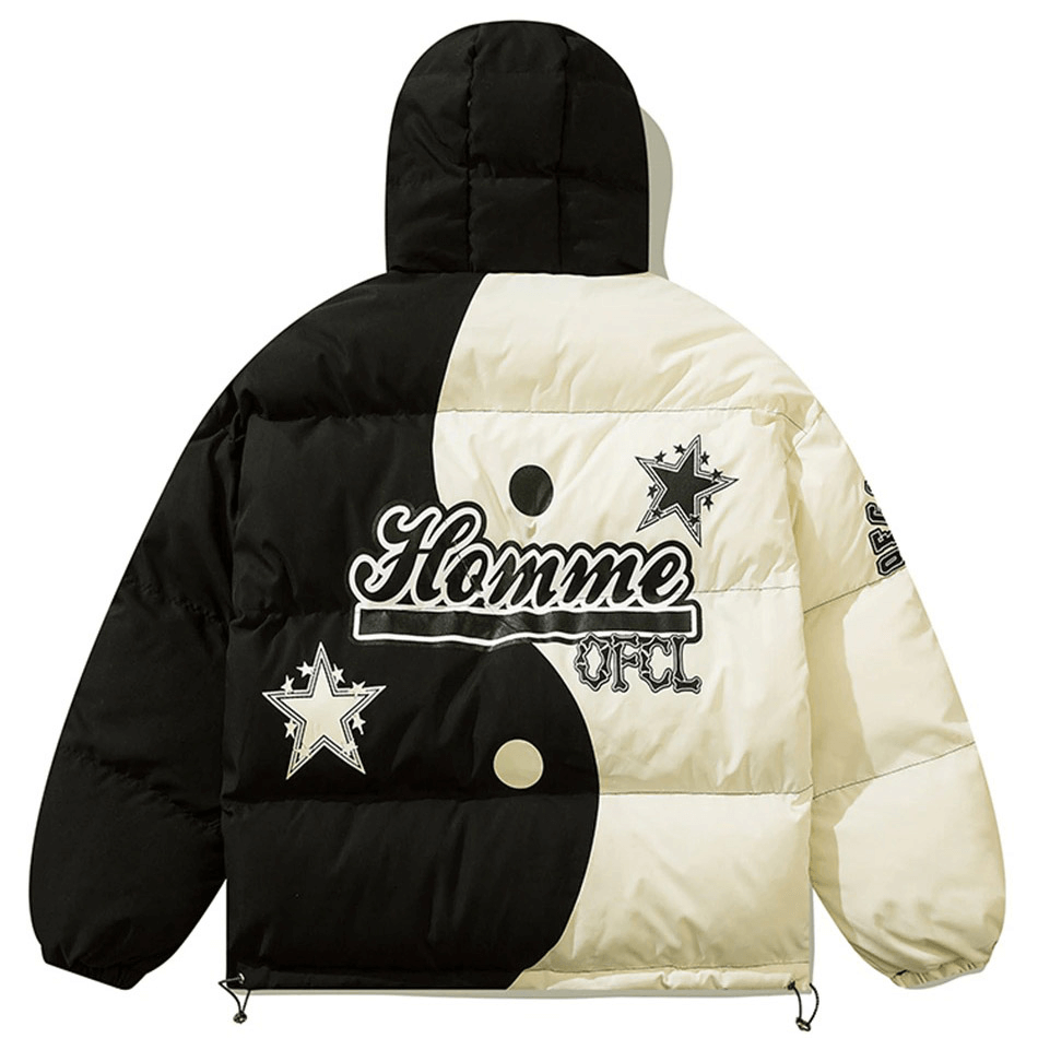Stylish hooded puffer jacket in black and cream with star prints and Homme branding, perfect for streetwear enthusiasts.