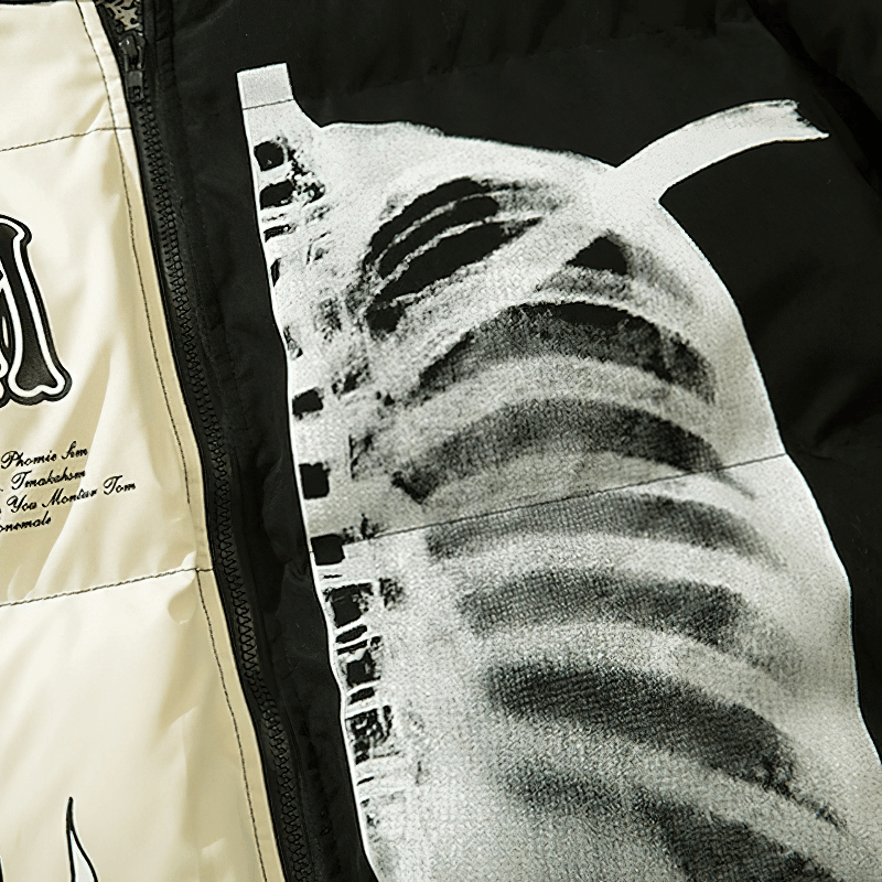 Hooded jacket featuring a bold skeleton print design, embodying punk style and warmth for the perfect oversized fit.