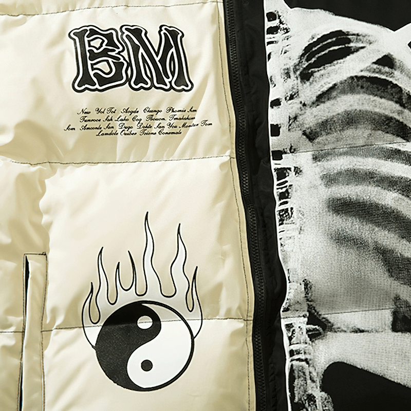 Interior detail of skeleton print hooded jacket featuring brand logo and yin-yang symbol on warm punk style fabric.