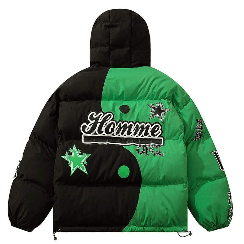 Back view of a vibrant two-tone Hulk green and black oversized puffer jacket with stylish Homme branding and graphic designs.