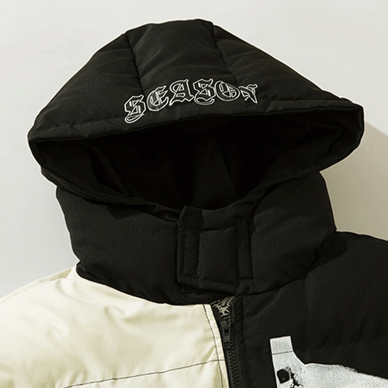 Hooded skeleton print jacket in two colors showing the stylish hood and season branding, perfect for punk fashion lovers.