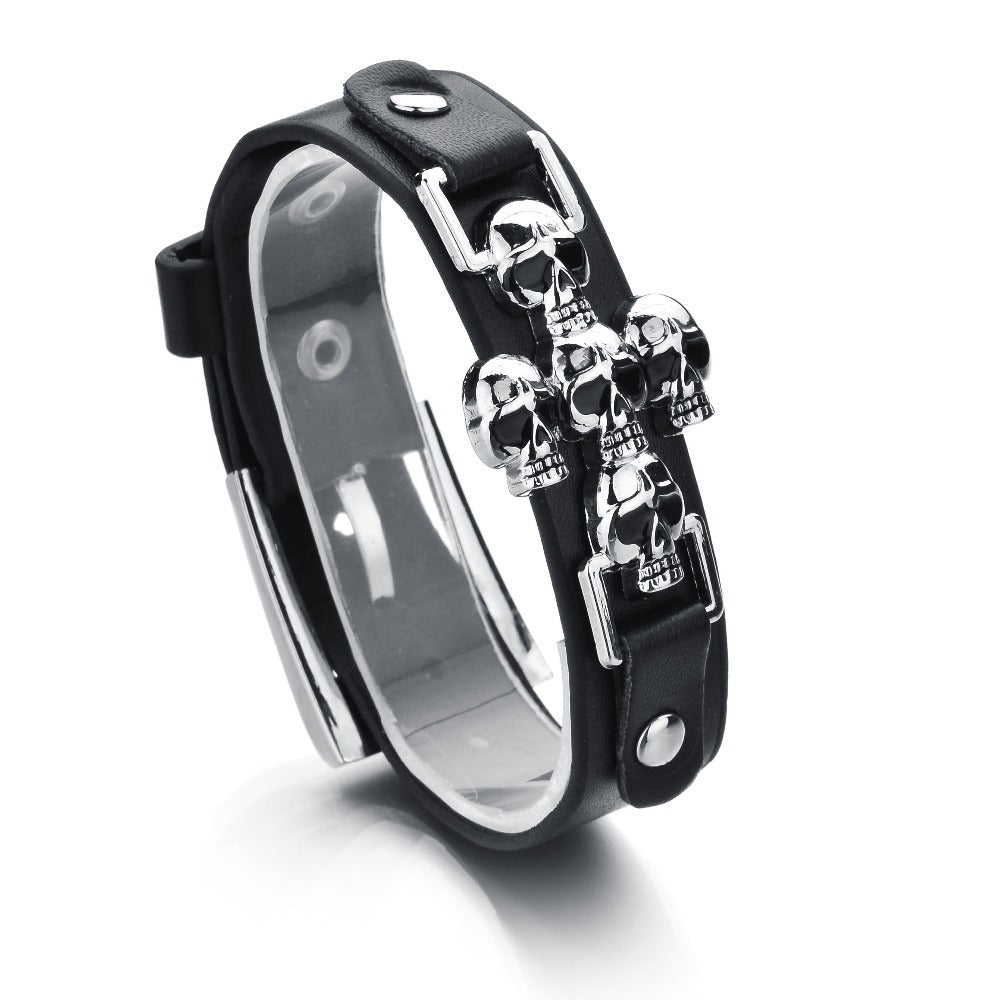 Skeleton skull punk rock leather bracelet for men and women with edgy design and high-quality materials.
