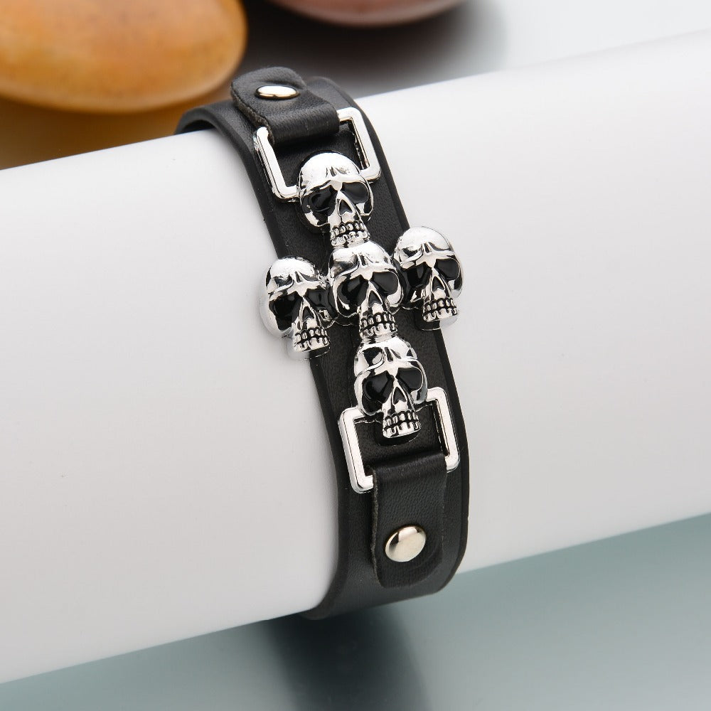 Skeleton skull punk gothic rock leather bracelet with stylish buckle, perfect for men and women.