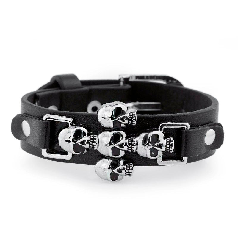 Skeleton skull punk gothic rock leather bracelet for men and women, featuring a trendy buckle design.
