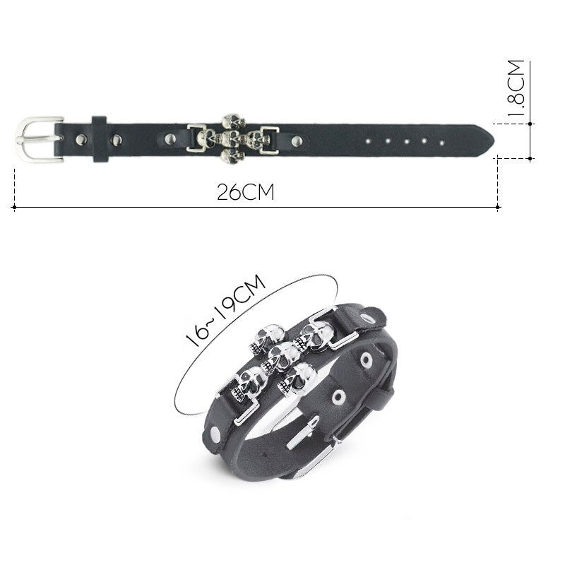 Skeleton Skull Punk Gothic Rock Leather Bracelet and Belt for men and women, stylish dimensions shown.
