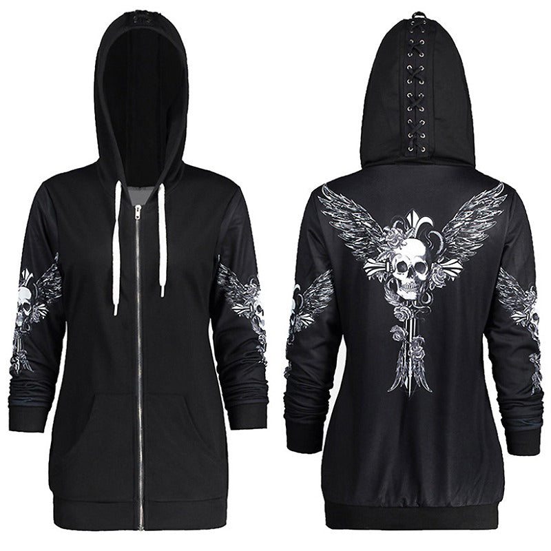 Gothic women's hoodie featuring a skull with wings design on the back and stylish hood lacing.