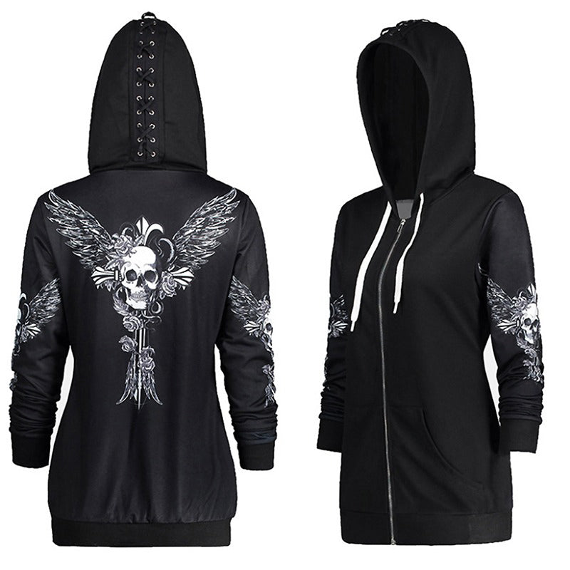 Women's Skull and Wings Printed Hoodie with Zipper, Gothic Style Long Sleeve Sweatshirt