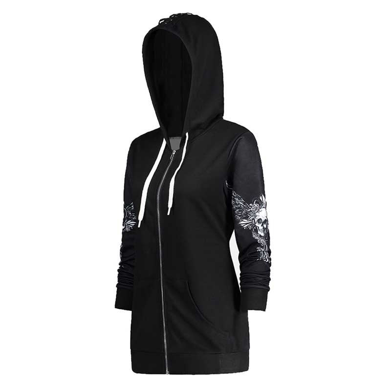 Skull and wings printed hoodie sweatshirt for women, Gothic long sleeve zip-up design in black.