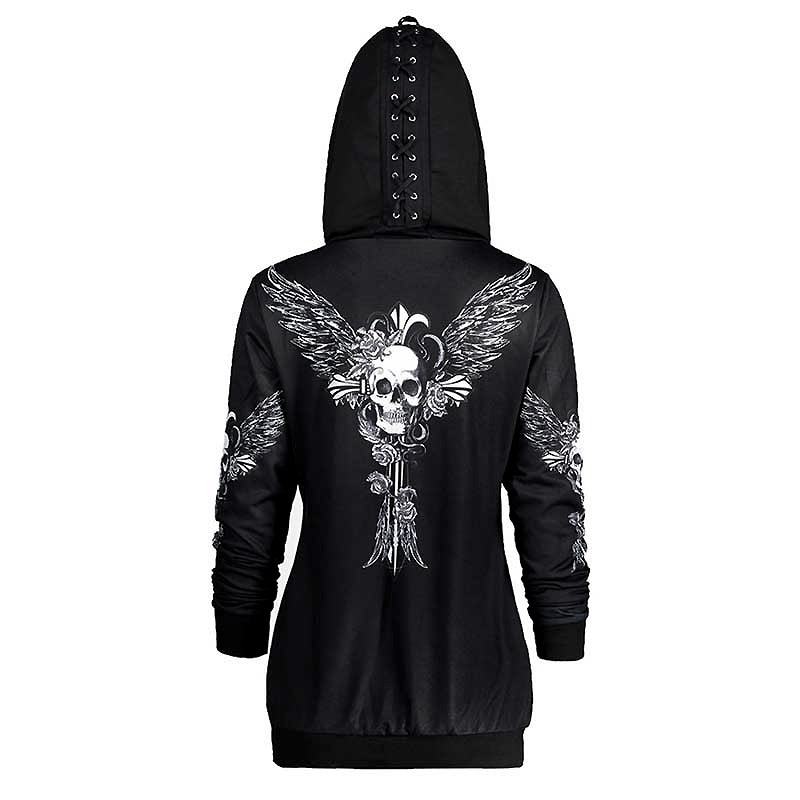 Skull and Wings Printed Hoodies for Women / Halloween Long Sleeve Zip-Up Sweatshirt - HARD'N'HEAVY