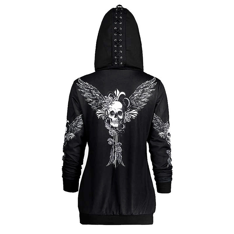 Women's Gothic hoodie sweatshirt with skull and wings design, featuring a zip and lacing on the hood, perfect for Halloween.