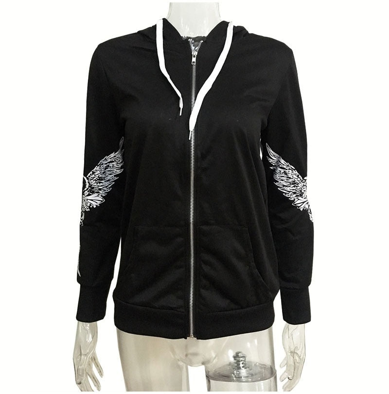 Women's Gothic hoodie with skull and wings design, long sleeves, zip-up style, perfect for Halloween.