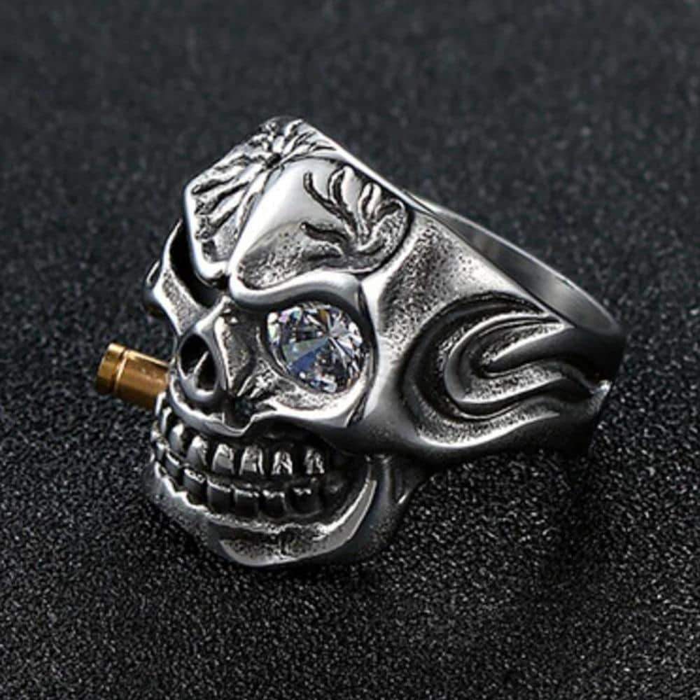 Pirate skeleton ring with crystal eye and cigar, perfect for biker jewelry lovers. Stylish stainless steel design.