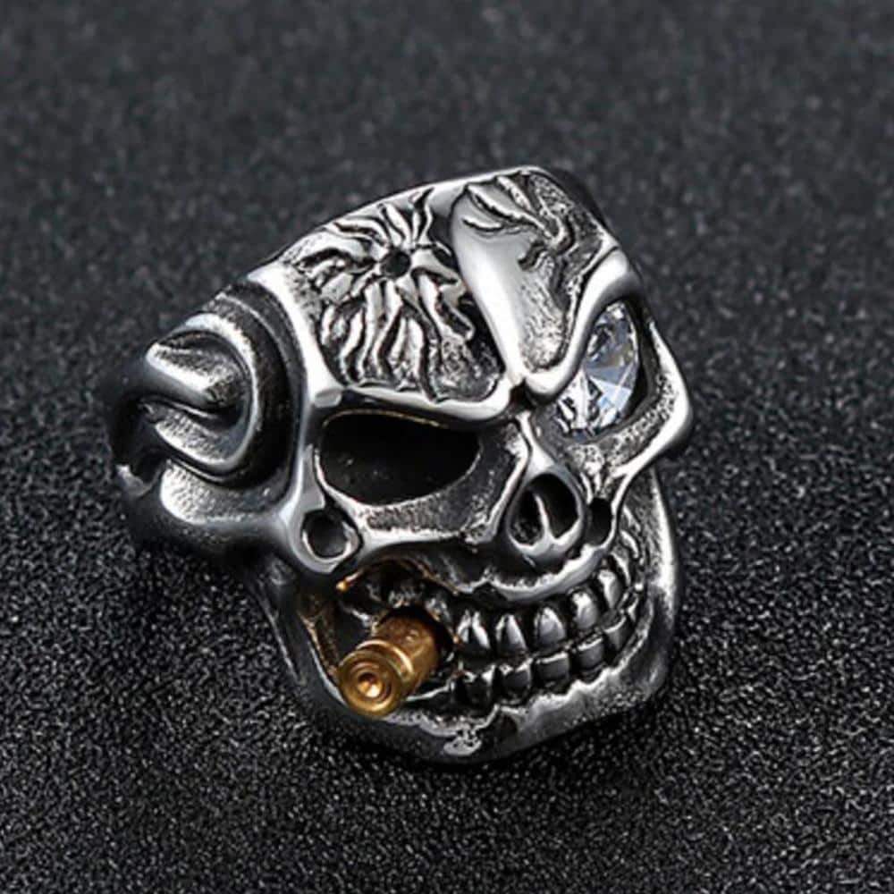 Pirate skeleton ring with crystal eye and cigar, stainless steel biker jewelry, unique and edgy accessory.