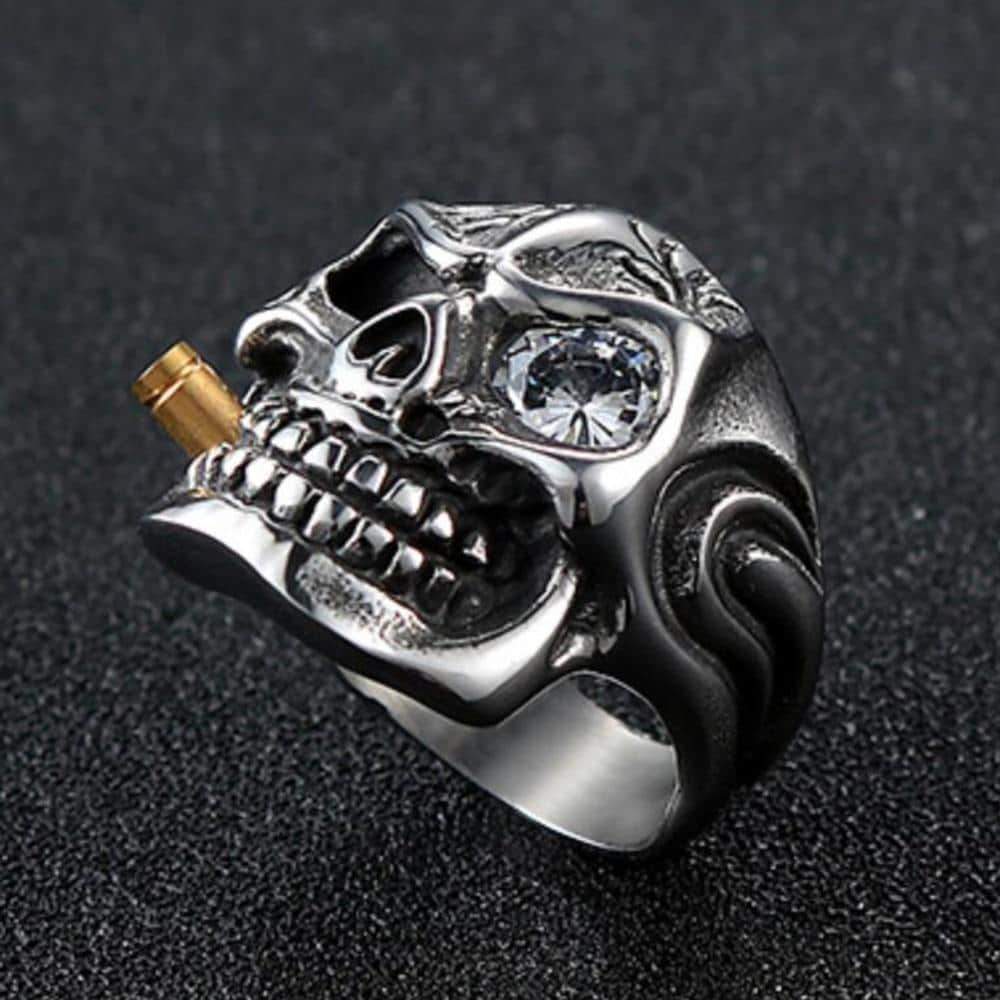 Pirate skeleton ring in stainless steel with crystal eye and cigar, perfect for stylish bikers and skull jewelry enthusiasts.