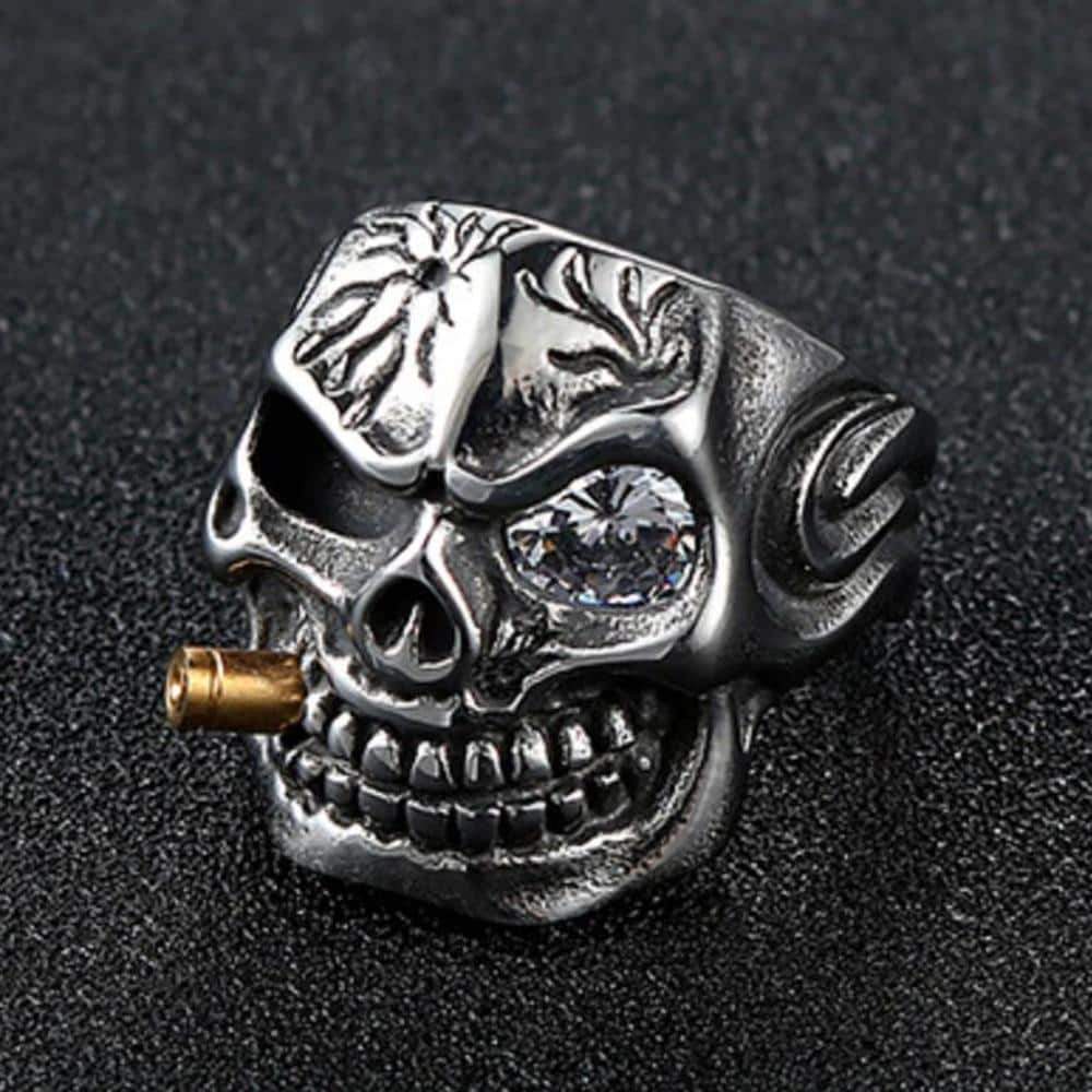 Pirate skeleton ring with crystal eye and cigar, stainless steel biker jewelry for a bold style.