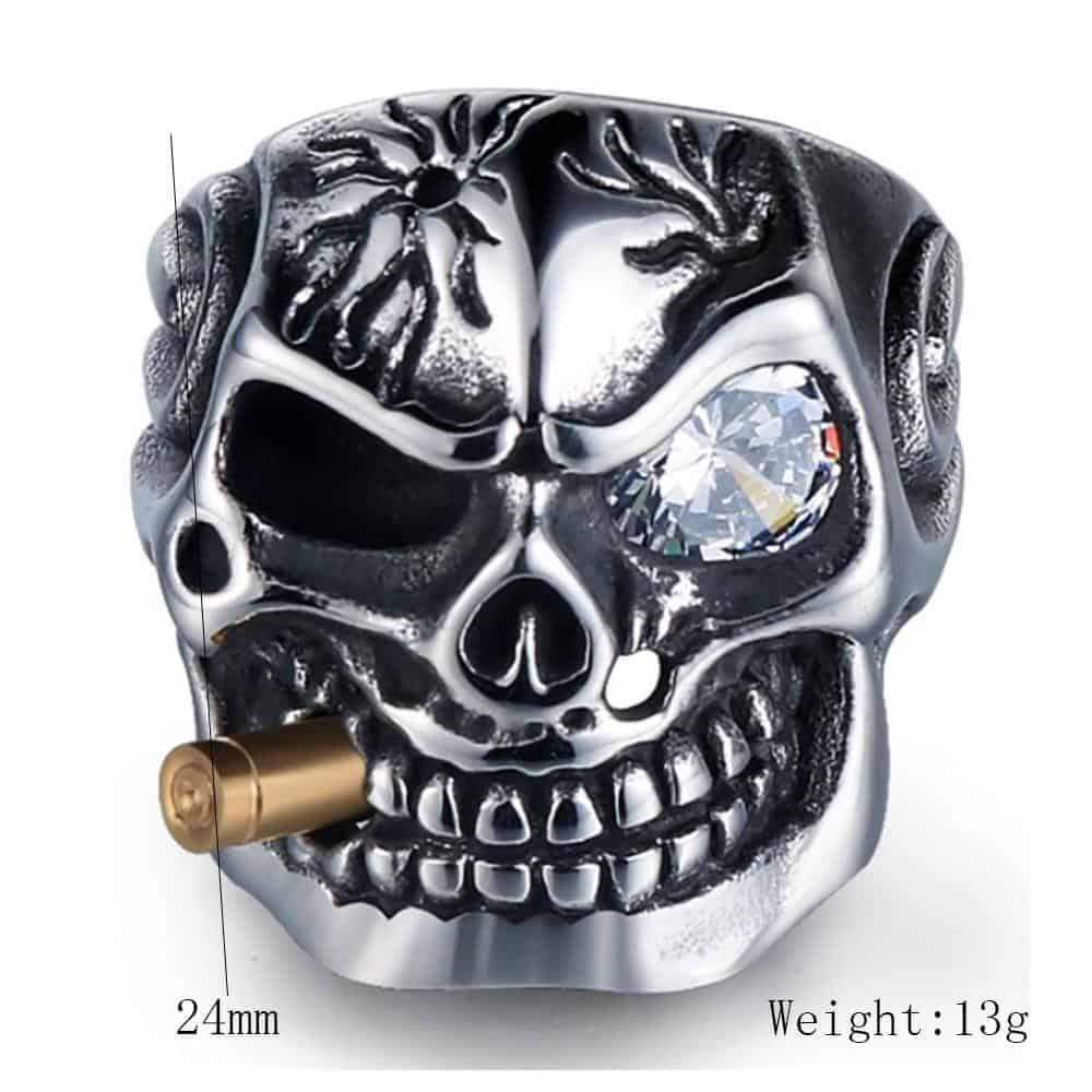 Pirate skeleton ring in stainless steel with crystal eye, cigar, and skull design for bikers, weighing 13g and measuring 24mm.
