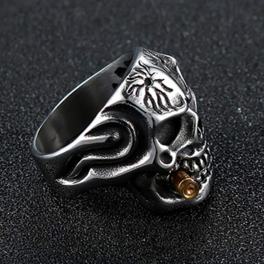 Stainless steel pirate skeleton ring featuring a skull, cigar, and crystal eye, perfect for biker jewelry enthusiasts.