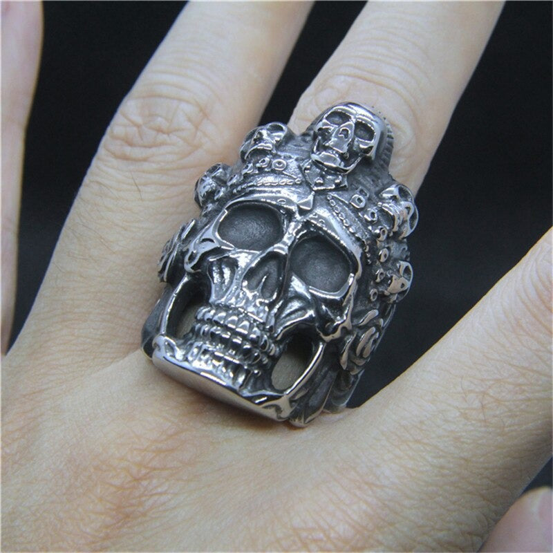Skull Biker Vintage Ring on hand, stainless steel gothic jewelry for men and women with detailed skull design.
