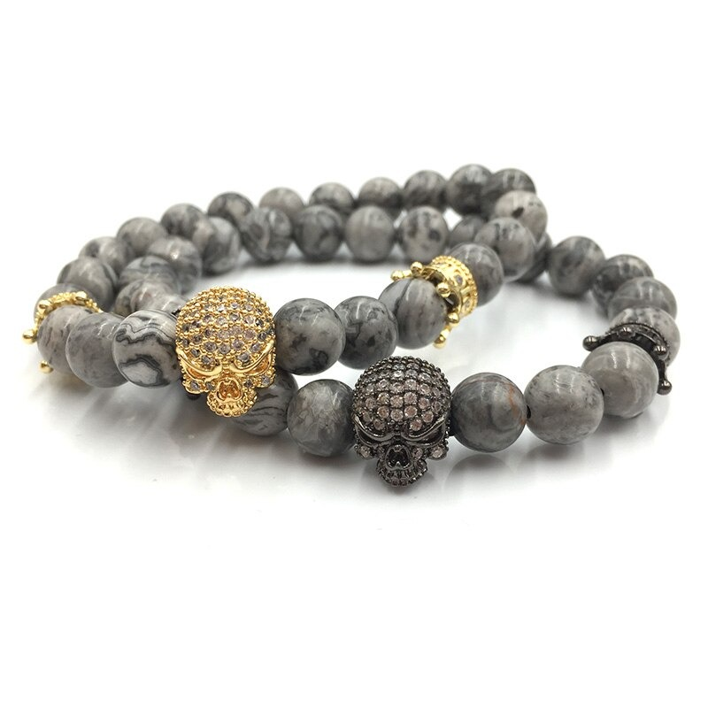 Skull Bracelet with Stone Beads / Alternative Fashion Unisex Bracelets - HARD'N'HEAVY